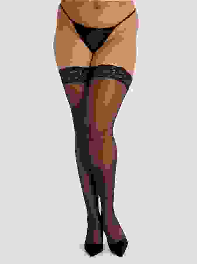 Lovehoney Plus Size Sheer Black Lace Top Thigh Highs, Black, hi-res